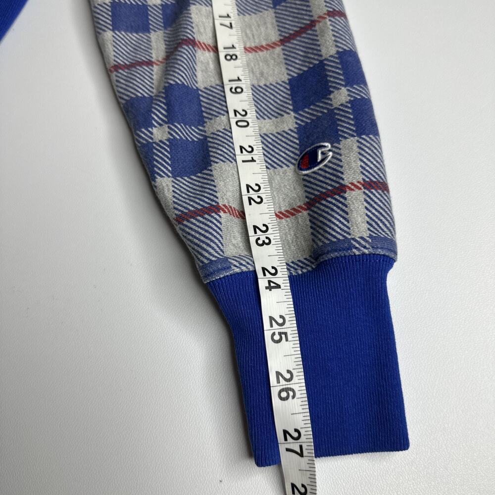 Vintage Champion Mens Small Reverse Weave Pullover Hoodie Pocket Blue Plaid - Picture 12 of 12